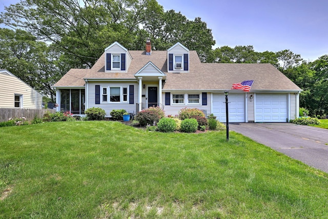 97 Richmond Ave, West Haven, CT 06516 - cape cod home featuring a chimney, driveway, an attached garage, a sunroom, and roof with shingles