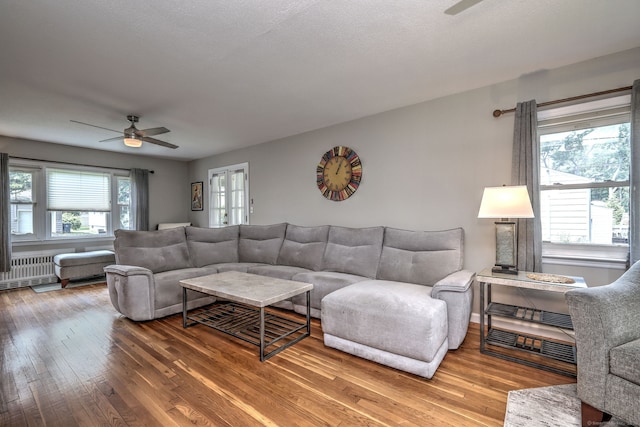 97 Richmond Ave, West Haven, CT 06516 - living area featuring ceiling fan, radiator heating unit, and hardwood / wood-style flooring