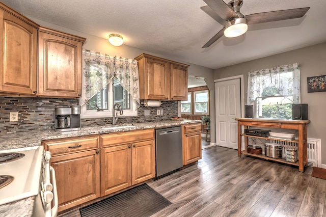 97 Richmond Ave, West Haven, CT 06516 - kitchen featuring stainless steel dishwasher, range, ceiling fan, tasteful backsplash, and wood finished floors