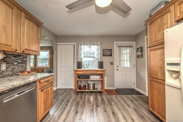 97 Richmond Ave, West Haven, CT 06516 - kitchen featuring dishwasher, white refrigerator with ice dispenser, a ceiling fan, tasteful backsplash, and light wood-style flooring