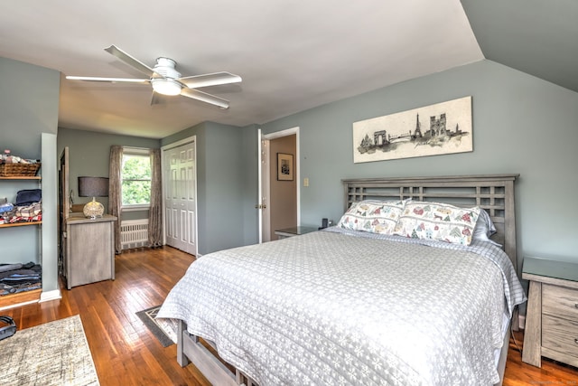 97 Richmond Ave, West Haven, CT 06516 - bedroom featuring radiator heating unit, wood finished floors, a closet, ceiling fan, and vaulted ceiling