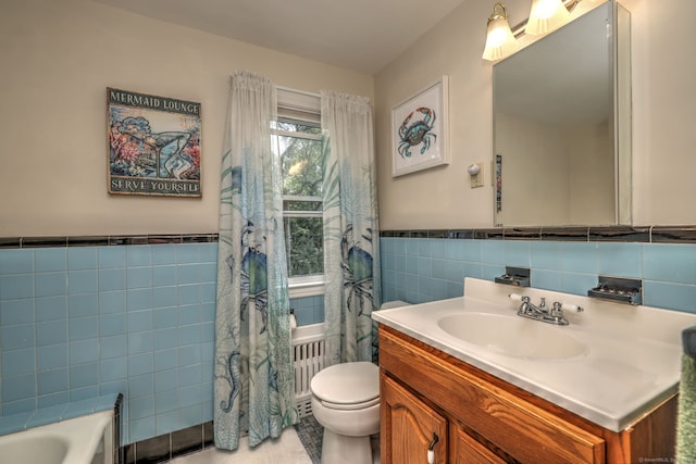 97 Richmond Ave, West Haven, CT 06516 - bathroom featuring tile walls, vanity, a wainscoted wall, and tile patterned flooring
