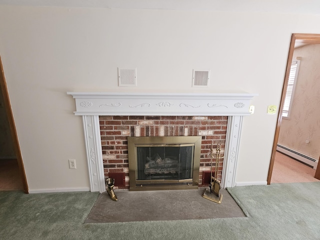 105 Minortown Rd, Woodbury, CT 06798 - detailed view of baseboard heating, carpet flooring, and a fireplace