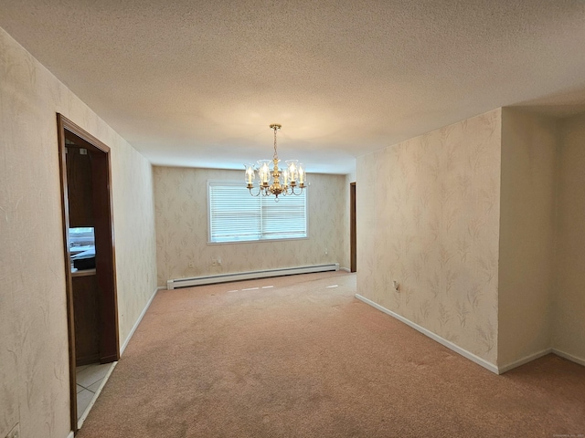 105 Minortown Rd, Woodbury, CT 06798 - unfurnished room with baseboard heating, carpet flooring, a chandelier, and a textured ceiling
