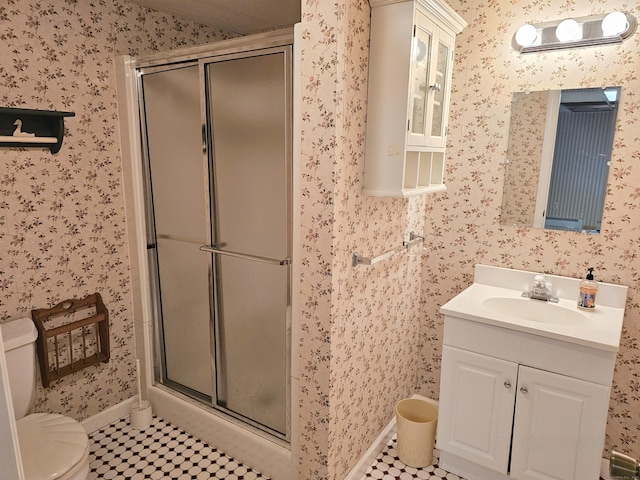 105 Minortown Rd, Woodbury, CT 06798 - bathroom featuring wallpapered walls, a stall shower, vanity, and tile patterned floors