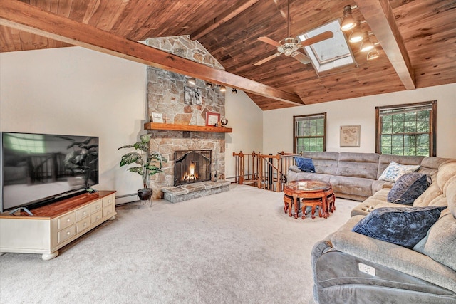 136 Wheeler Rd, Monroe, CT 06468 - living area with wooden ceiling, carpet floors, ceiling fan, a skylight, and a stone fireplace