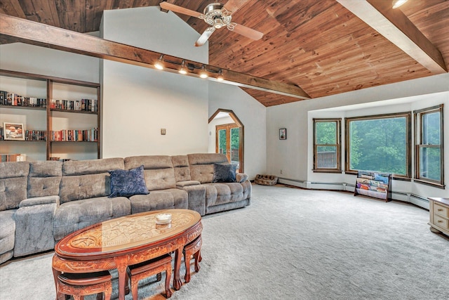 136 Wheeler Rd, Monroe, CT 06468 - living area featuring wooden ceiling, carpet, track lighting, and ceiling fan