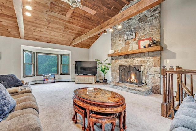 136 Wheeler Rd, Monroe, CT 06468 - living room with wood ceiling, carpet, a fireplace, ceiling fan, and a baseboard heating unit
