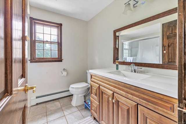 136 Wheeler Rd, Monroe, CT 06468 - full bathroom featuring a baseboard heating unit, vanity, tile patterned flooring, and a shower with shower door