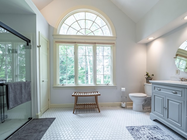 104 Scarlet Oak Dr, Wilton, CT 06897 - bathroom with lofted ceiling, vanity, a stall shower, baseboards, and toilet