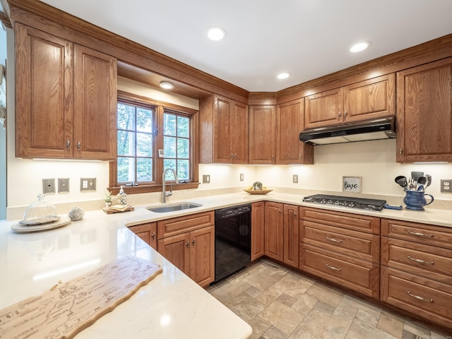 104 Scarlet Oak Dr, Wilton, CT 06897 - kitchen with black dishwasher, under cabinet range hood, a sink, stainless steel gas cooktop, and stone finish flooring