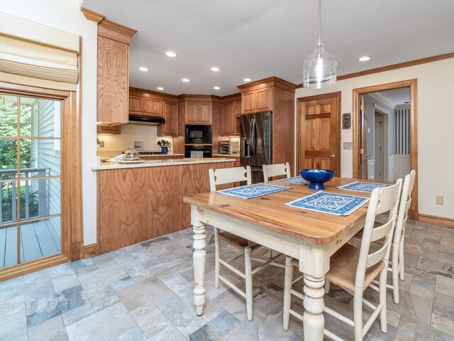 104 Scarlet Oak Dr, Wilton, CT 06897 - dining room featuring stone tile flooring, recessed lighting, baseboards, and crown molding