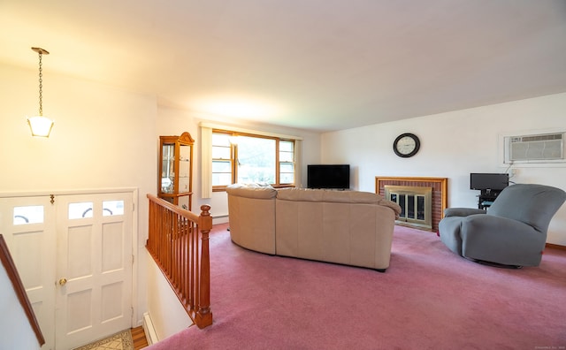 895 W Woods Rd, Hamden, CT 06518 - living area featuring a wall mounted air conditioner, baseboard heating, carpet floors, and a fireplace