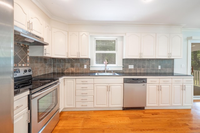 46 Columbine Dr, Trumbull, CT 06611 - kitchen featuring appliances with stainless steel finishes, a sink, under cabinet range hood, dark countertops, and crown molding