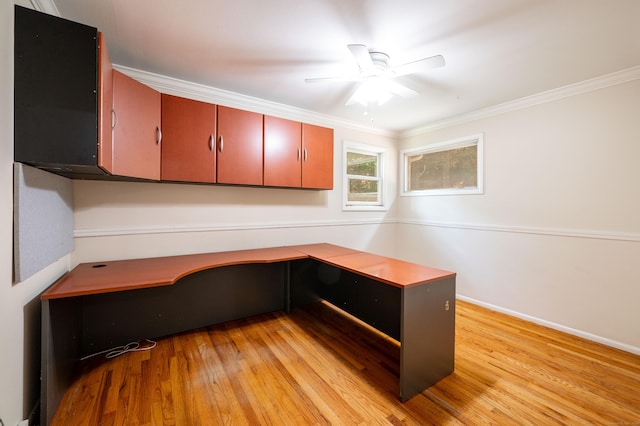 46 Columbine Dr, Trumbull, CT 06611 - unfurnished office featuring light wood-style floors, ornamental molding, ceiling fan, baseboards, and built in study area