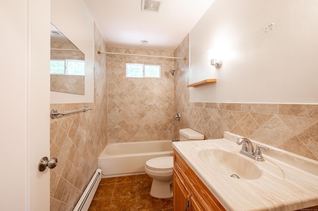 46 Columbine Dr, Trumbull, CT 06611 - bathroom featuring tile walls, toilet, shower / tub combination, vanity, and baseboard heating