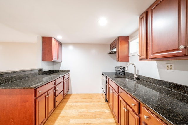 46 Columbine Dr, Trumbull, CT 06611 - kitchen featuring stainless steel electric range, a sink, under cabinet range hood, dark stone countertops, and recessed lighting