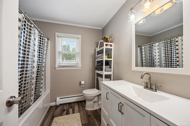 7 Pleasant St, Wolcott, CT 06716 - full bathroom featuring wood finished floors, a baseboard heating unit, vanity, ornamental molding, and shower / bath combo with shower curtain