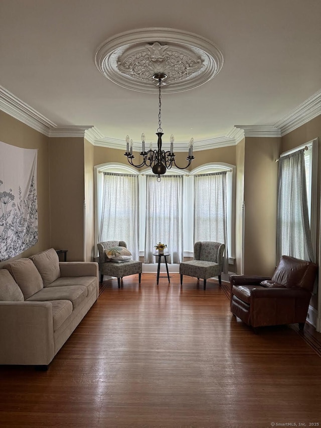 201 Center St, West Haven, CT 06516 - living room with a chandelier, plenty of natural light, wood finished floors, and crown molding