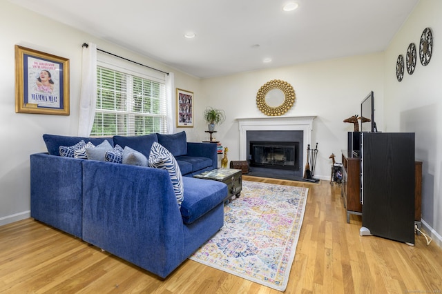 14 Linden Hts Unit 14, Norwalk, CT 06851 - living area with light wood-type flooring, a glass covered fireplace, and recessed lighting