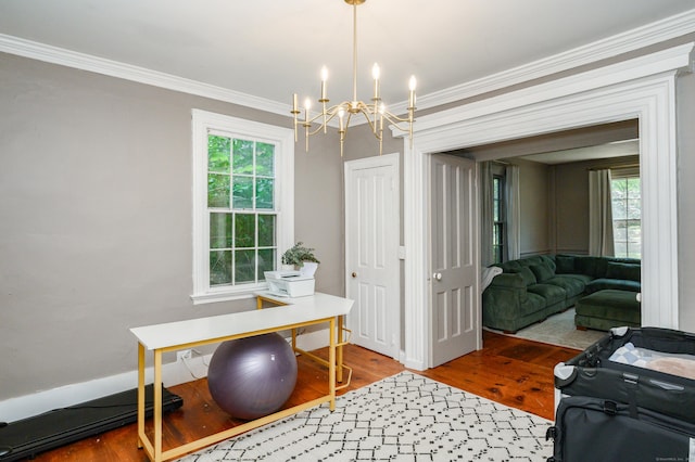 189 Broadway, Norwich, CT 06360 - office area with a chandelier, wood finished floors, and ornamental molding
