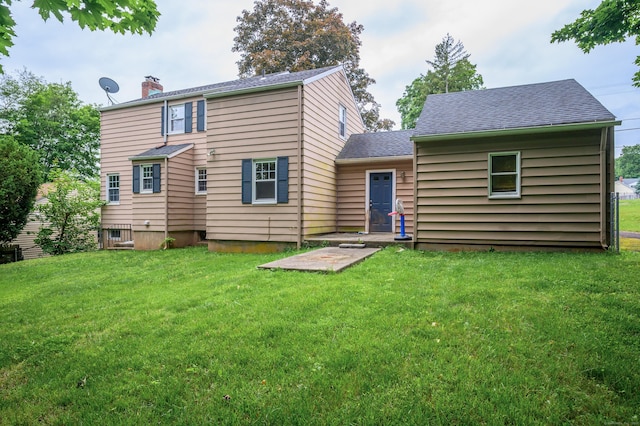 60 Old Mill Rd, Middletown, CT 06457 - rear view of house featuring a lawn, a chimney, and a shingled roof