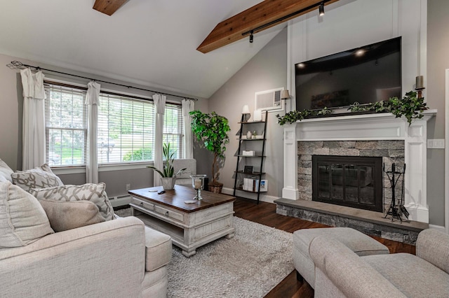 320 Spruce St, Cheshire, CT 06410 - living room with dark wood finished floors, a wall mounted air conditioner, a baseboard heating unit, and a fireplace