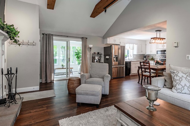 320 Spruce St, Cheshire, CT 06410 - living area featuring dark wood-type flooring, plenty of natural light, high vaulted ceiling, and beam ceiling