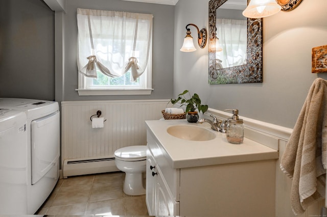 320 Spruce St, Cheshire, CT 06410 - bathroom featuring a baseboard radiator, independent washer and dryer, vanity, a wainscoted wall, and tile patterned floors