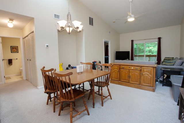 38 Simsbury Lndg Unit 38, Simsbury, CT 06070 - dining space featuring light carpet, a chandelier, high vaulted ceiling, and ceiling fan