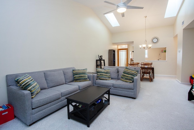 38 Simsbury Lndg Unit 38, Simsbury, CT 06070 - living room featuring a skylight, a chandelier, a ceiling fan, light colored carpet, and high vaulted ceiling