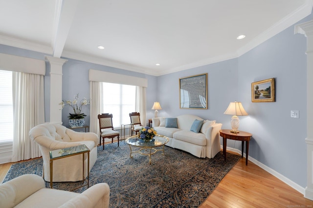 111 Thorn Hollow Rd, Cheshire, CT 06410 - living area with decorative columns, light wood-style floors, baseboards, recessed lighting, and ornamental molding