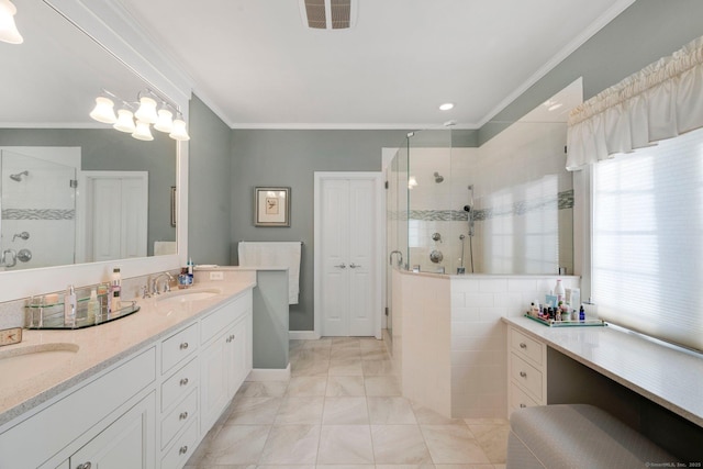 111 Thorn Hollow Rd, Cheshire, CT 06410 - bathroom featuring a shower stall, crown molding, double vanity, marble finish floors, and baseboards