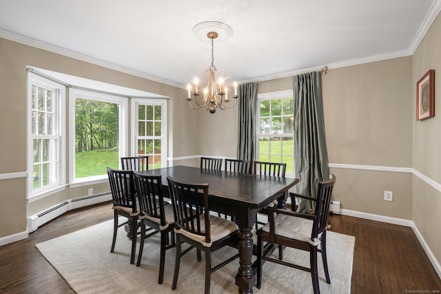 68 Mopus Bridge Rd, Ridgefield, CT 06877 - dining area featuring a baseboard radiator, a chandelier, dark wood finished floors, and crown molding