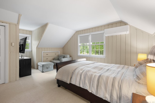 68 Mopus Bridge Rd, Ridgefield, CT 06877 - carpeted bedroom with multiple windows, vaulted ceiling, a wall mounted air conditioner, and wood walls