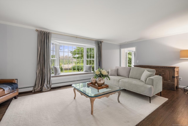 68 Mopus Bridge Rd, Ridgefield, CT 06877 - living area featuring ornamental molding, dark wood-style floors, and baseboard heating