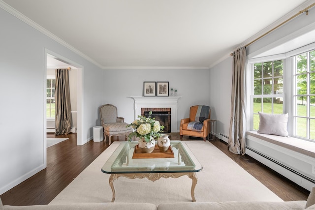 68 Mopus Bridge Rd, Ridgefield, CT 06877 - living area featuring crown molding, a brick fireplace, dark wood-style flooring, and a baseboard heating unit