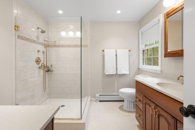 68 Mopus Bridge Rd, Ridgefield, CT 06877 - full bath with a baseboard heating unit, vanity, a stall shower, tile patterned floors, and recessed lighting