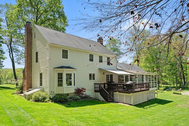 68 Mopus Bridge Rd, Ridgefield, CT 06877 - rear view of house featuring a chimney, a deck, stairway, and a sunroom