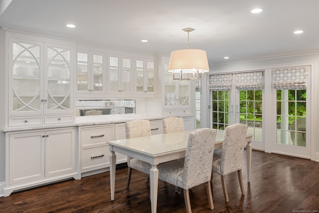 133 Buttery Rd, New Canaan, CT 06840 - dining area with ornamental molding, dark wood-style flooring, recessed lighting, and a chandelier
