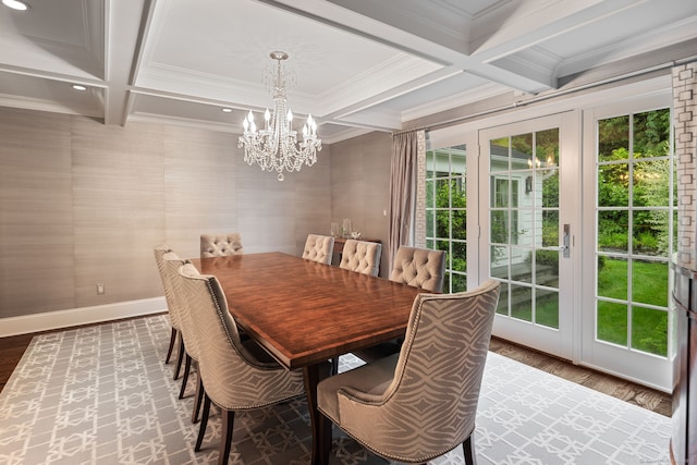 133 Buttery Rd, New Canaan, CT 06840 - dining room with coffered ceiling, a chandelier, crown molding, wood finished floors, and beamed ceiling