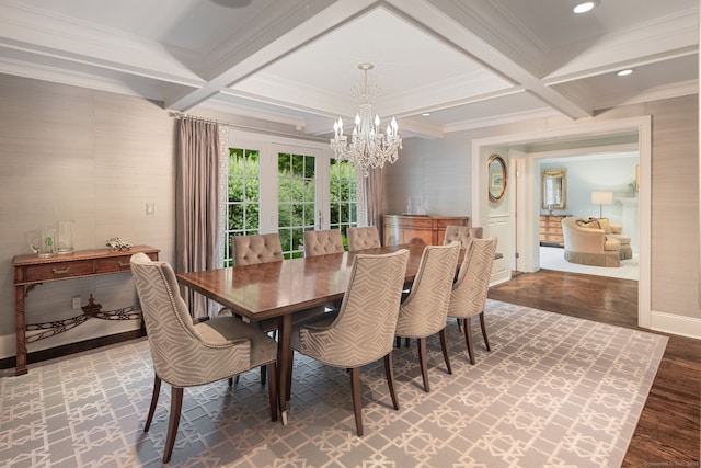 133 Buttery Rd, New Canaan, CT 06840 - dining area featuring a chandelier, coffered ceiling, wood finished floors, beam ceiling, and ornamental molding