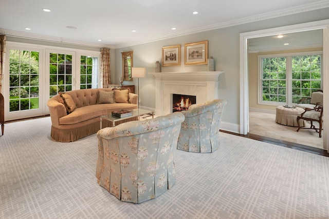 133 Buttery Rd, New Canaan, CT 06840 - living room featuring ornamental molding, healthy amount of natural light, a premium fireplace, and recessed lighting