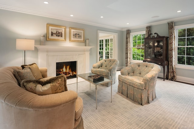 133 Buttery Rd, New Canaan, CT 06840 - living room featuring a fireplace, ornamental molding, plenty of natural light, and recessed lighting