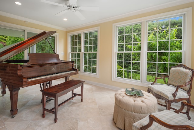 133 Buttery Rd, New Canaan, CT 06840 - living area featuring crown molding, healthy amount of natural light, a ceiling fan, and recessed lighting