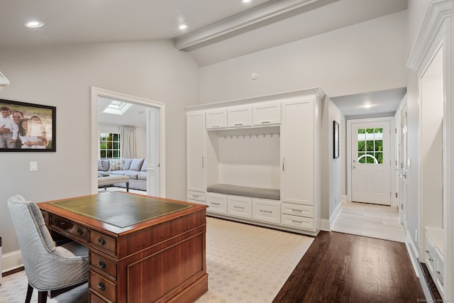 133 Buttery Rd, New Canaan, CT 06840 - office area with light wood-type flooring, beam ceiling, recessed lighting, and high vaulted ceiling