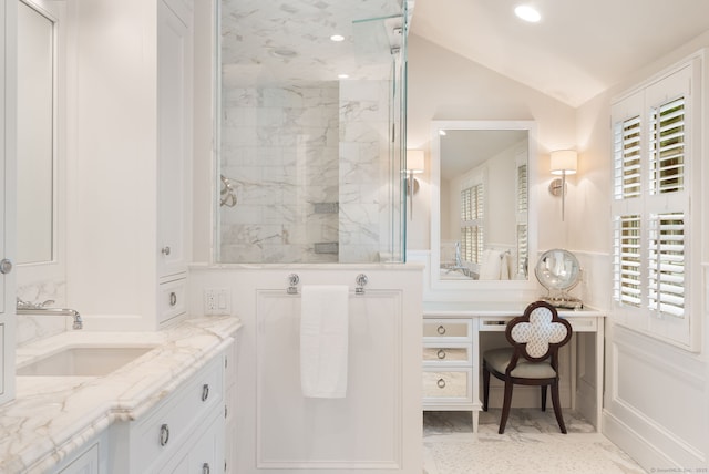 133 Buttery Rd, New Canaan, CT 06840 - full bathroom featuring a marble finish shower, vanity, vaulted ceiling, marble look tile flooring, and recessed lighting
