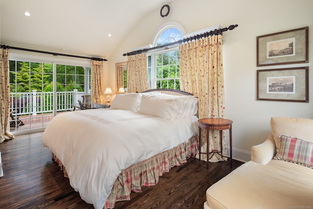 133 Buttery Rd, New Canaan, CT 06840 - bedroom featuring access to outside, wood finished floors, recessed lighting, and high vaulted ceiling