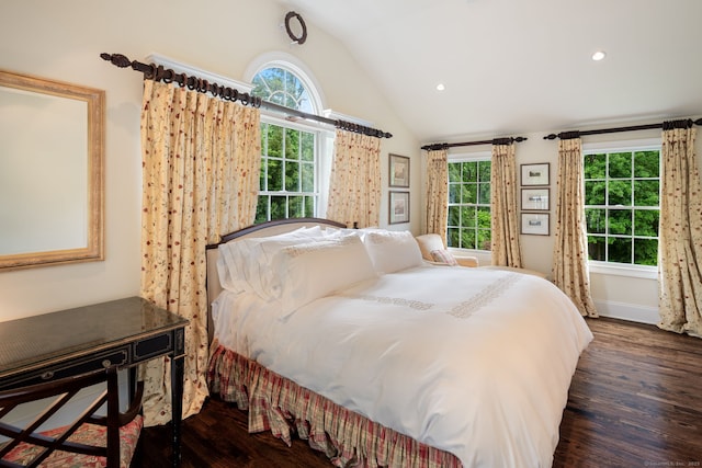 133 Buttery Rd, New Canaan, CT 06840 - bedroom with wood finished floors, multiple windows, recessed lighting, and high vaulted ceiling