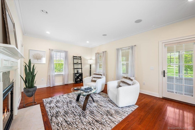 1 Osprey Commons S, Clinton, CT 06413 - living room with hardwood / wood-style flooring, ornamental molding, baseboards, a high end fireplace, and recessed lighting